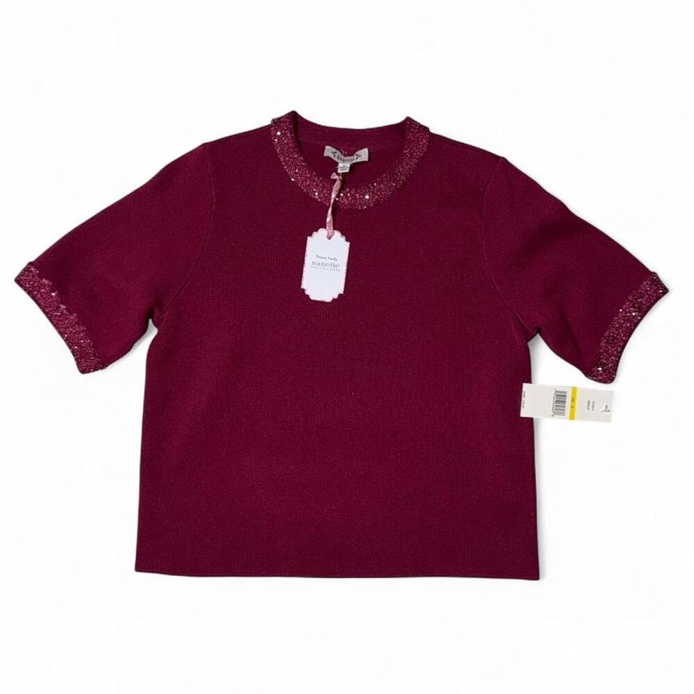 NWT Nanette Lepore burgundy sequin trim sweater top with glittery trim, size M